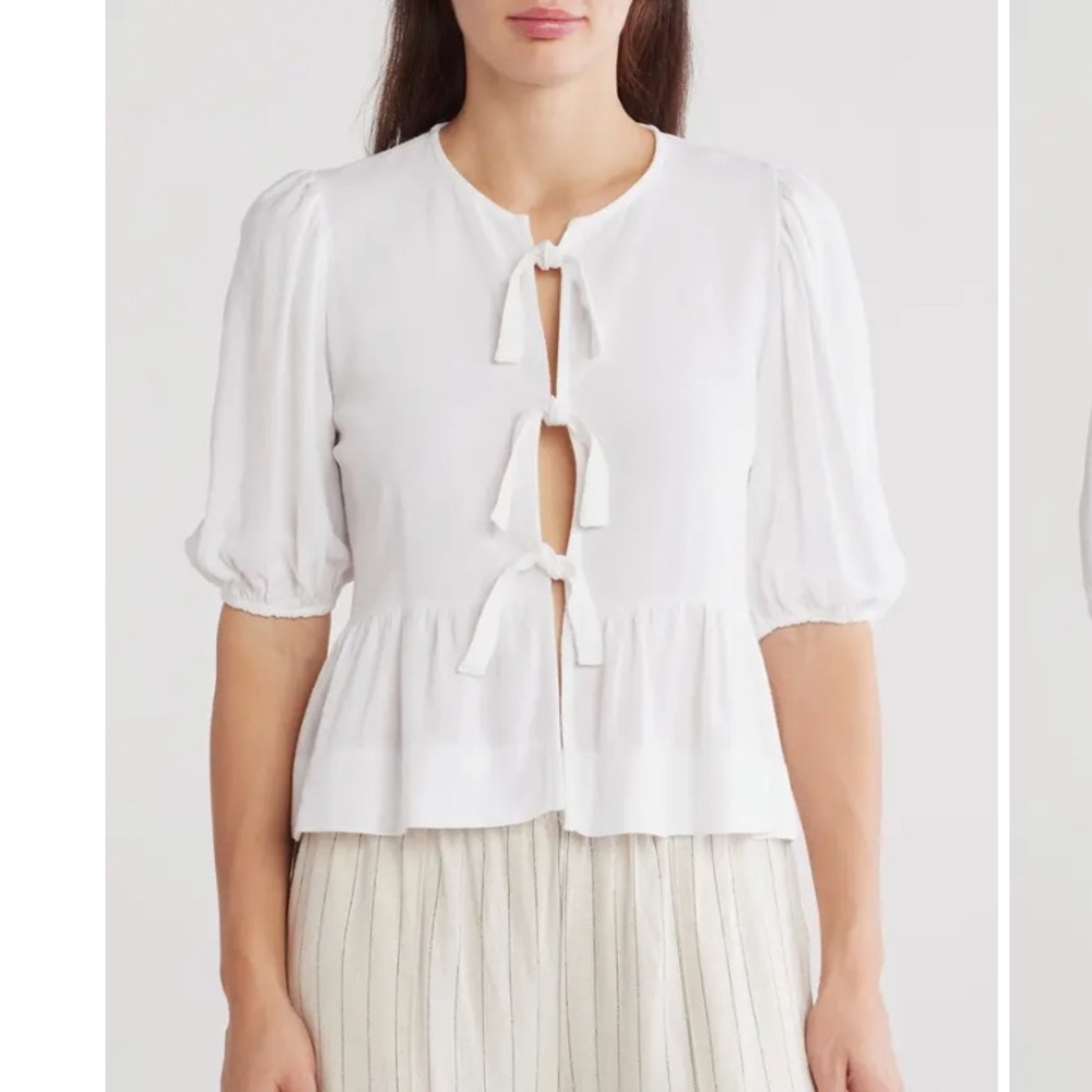 Renee C Tie Front Poplin Top White Puff Sleeve Peplum Cotton size Small